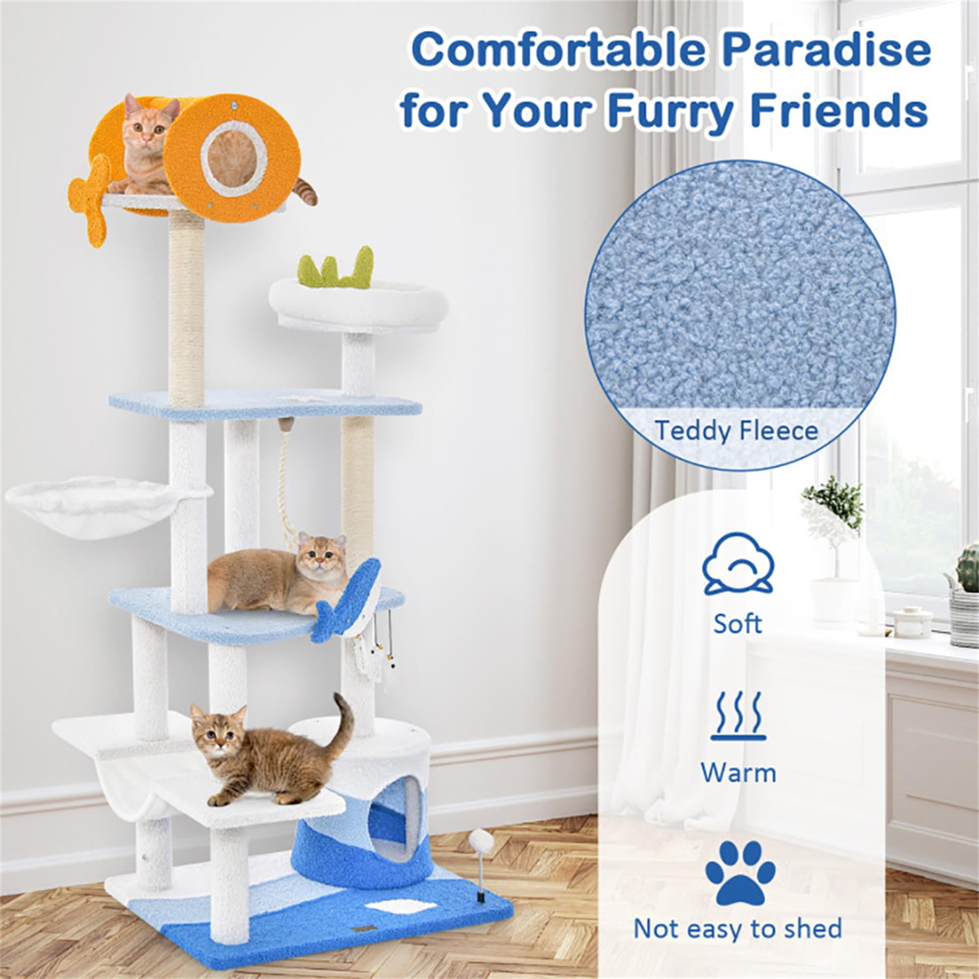 resenkos 66" Cute Cat Tree Tower for Indoor Cats, Ocean World Cat Condo with Sisal Scratching Posts, Plush Perches, Kitten Cat Tree Tower Activity Center, Blue