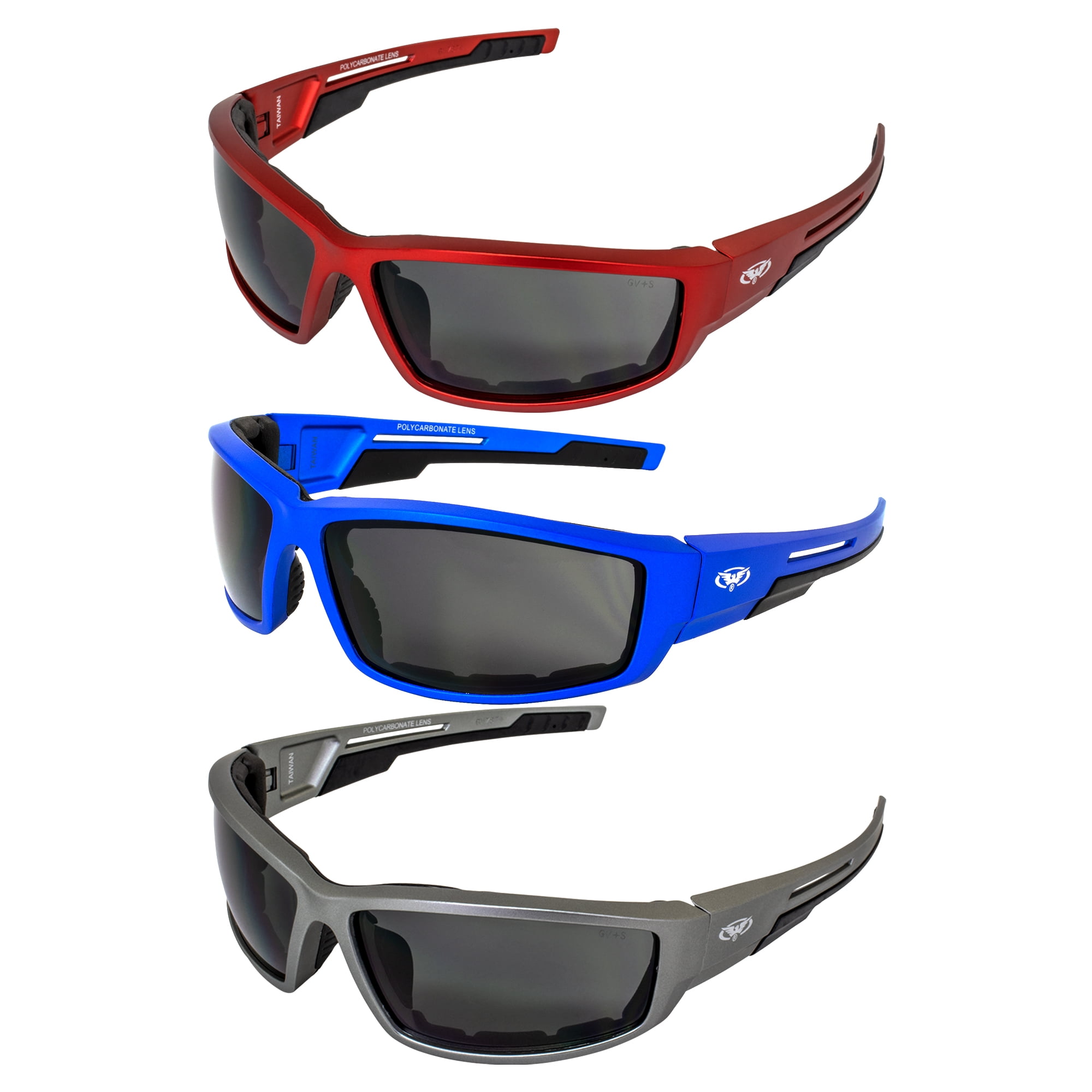 2 Pair Sly Padded Motorcycle Riding Sunglasses Smoke Lenses Red and Blue Frames 