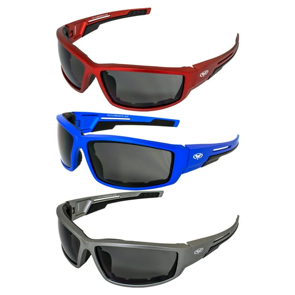 3 Pair Global Vision Sly Motorcycle ATV Padded Riding Glasses Sunglasses Smoke Lenses   Red, Blue   Grey Metallic Frames