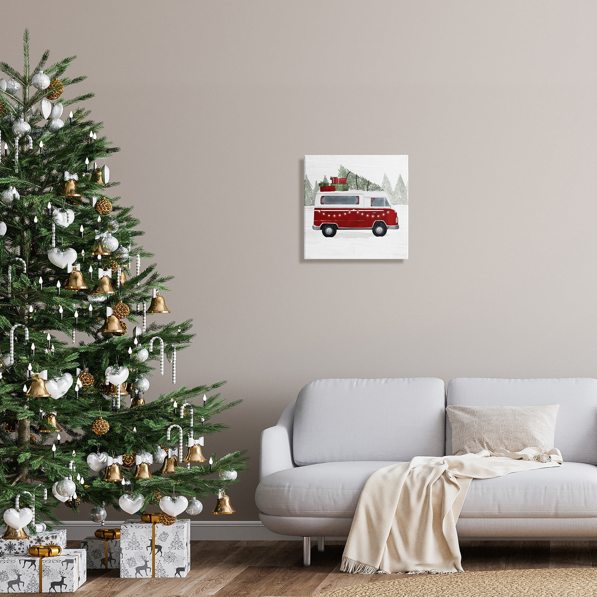 Red Van Holiday Lights Carrying Christmas Presents Transportation Painting Gallery-Wrapped Canvas Print Wall Art