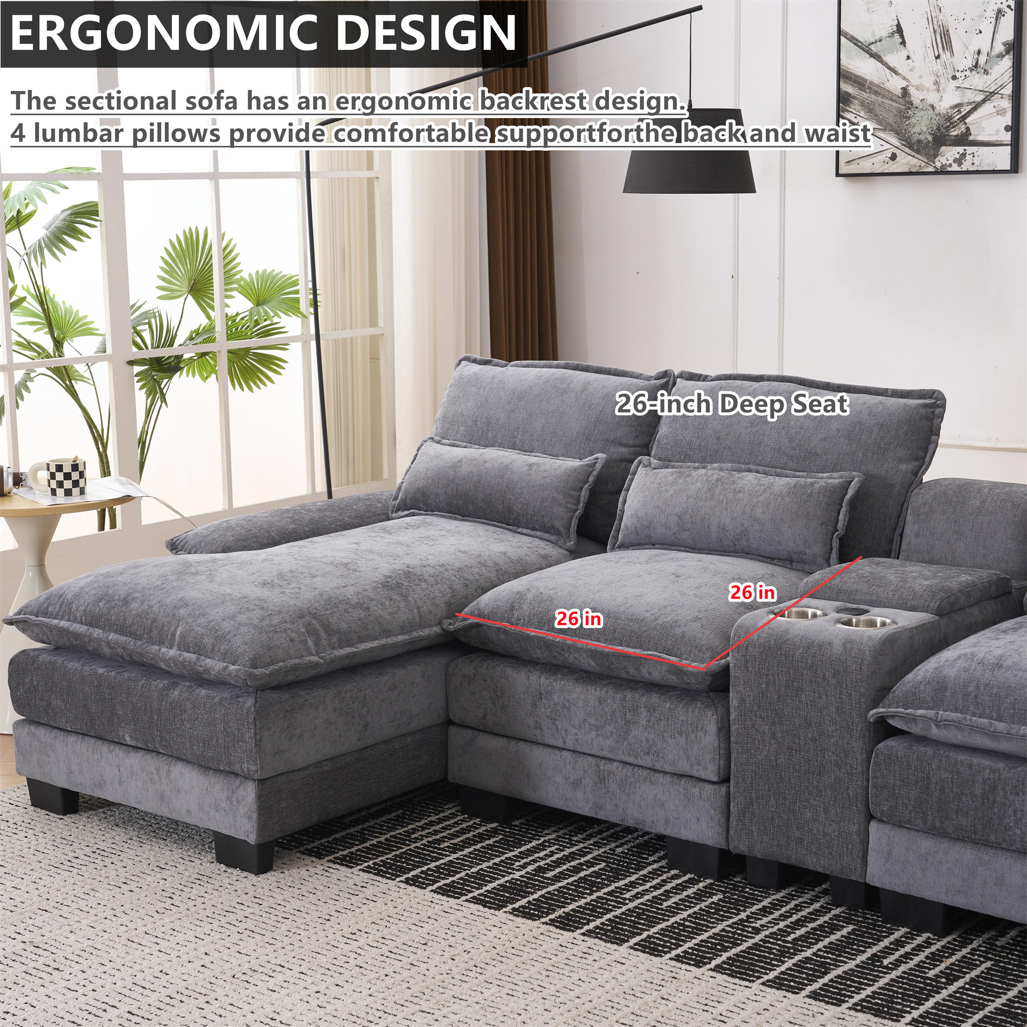Aukfa 126" Oversized Sectional Sofa U-shaped Couch w/ Cupholder Console & USB Port for Living Room, Chenille, Gray