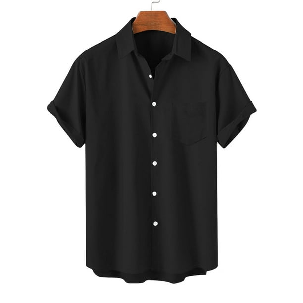 Camisas Elvqul para Hombre Economicas Negro Manga Corta Liso Solapa Botones