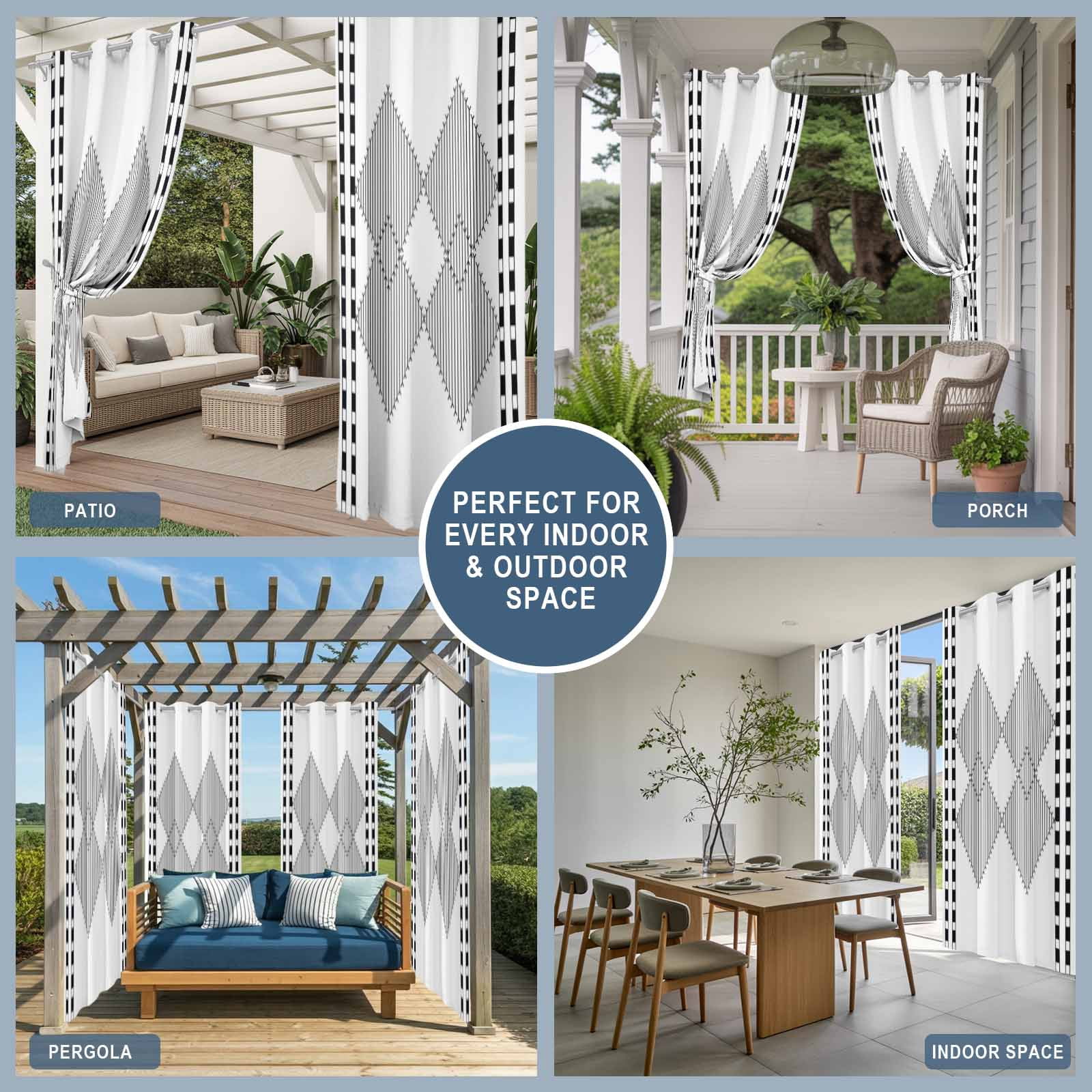 Modern Black and White Outdoor Curtains for Patio, Striped Diamonds Checkered Border Art Sunshade Privacy Drapes Grommet Waterproof Outside Curtains for Porch/Cabana/Balcony 54"x 108", 1 Panel