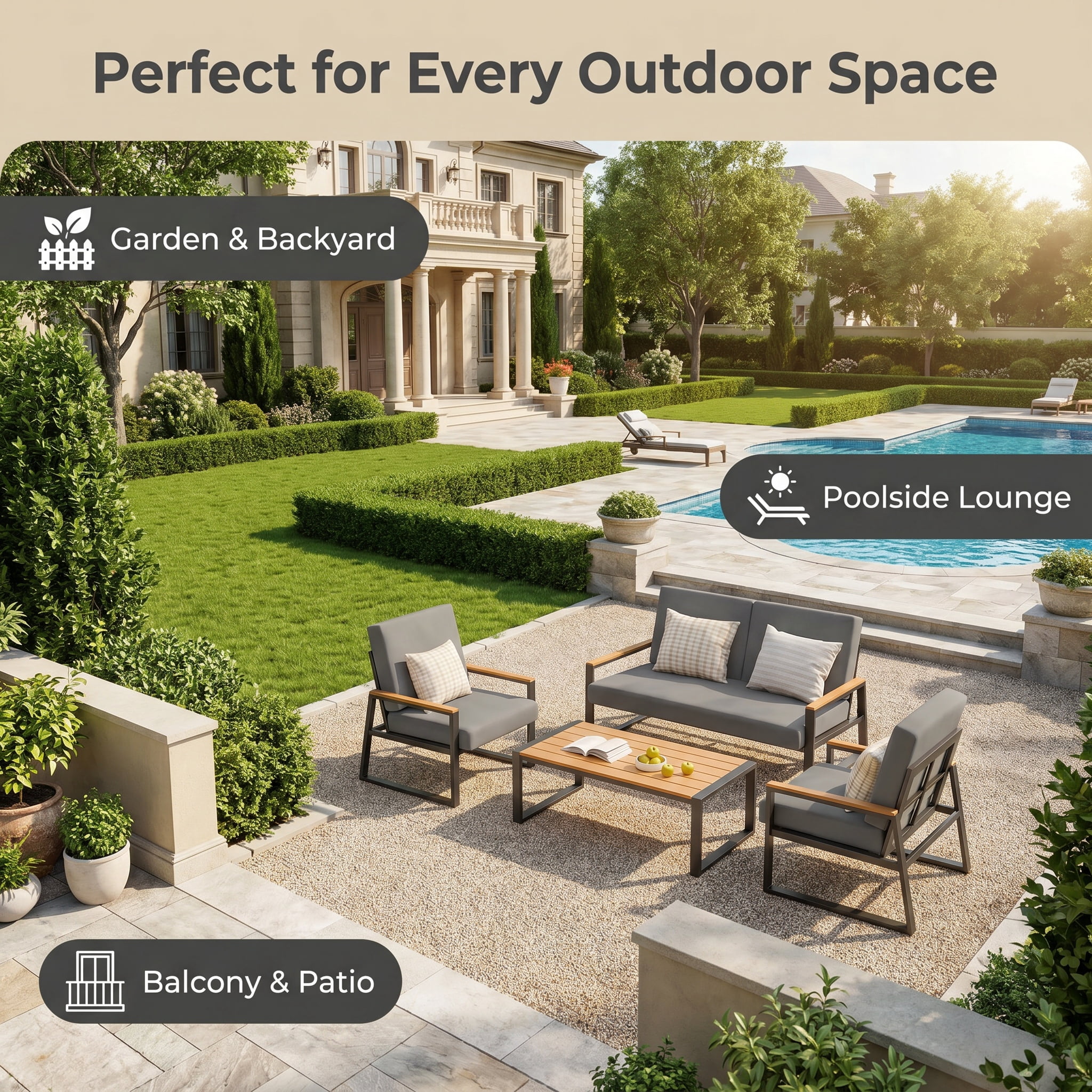 Outdoor Furniture Set, Lofka Patio Sectional Furniture Set with Rectangle Wooden Table and Heavy-Duty Metal Frame, Seating for 4, Gray Cushion