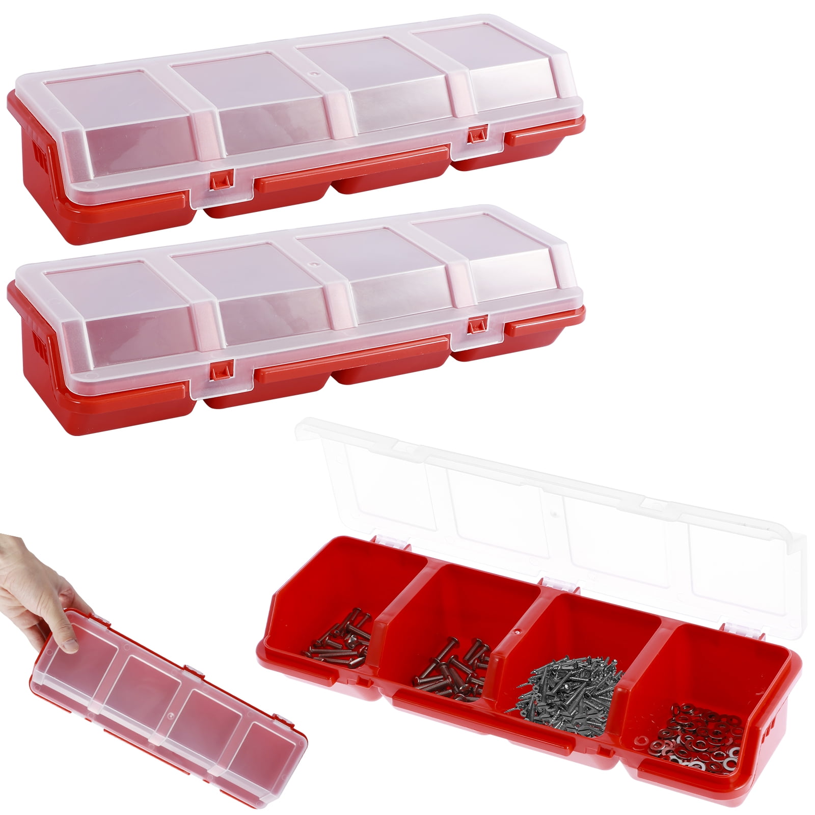 NUAHRHY 4Pcs Parts Storage Box Plastic Screw Organizer Box with 4 Compartment Small Tool Part Container Bin with Lid and Lock Durable Divided Hardware Storage Bin for Garage Workshop