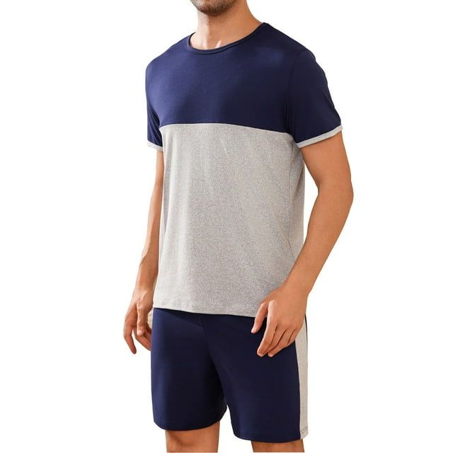 Pijamas para hombre, de verano, con bloques de color, cuello redondo, manga corta, pantalones cortos, ropa de casa, holgados, pijamas y pantalones cortos para hombre.