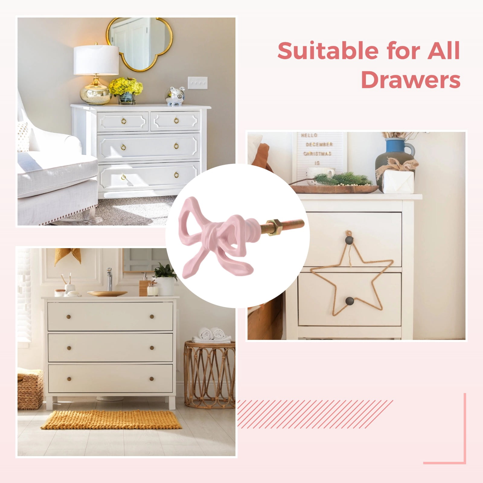 6 PCS Bow Dresser Knobs, Pink Drawer Knobs with Bow Design, Bow Drawer Pulls for Cabinets and Wardrobes, Elegant French Style, Easy Installation with Universal Screws