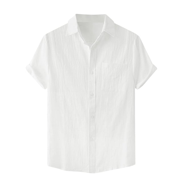 Lars Amadeus Camisas de lino para hombre, manga corta, cuello de punto, color sólido, camisa de verano con bolsillo blanco M Unique Bargains Camisas