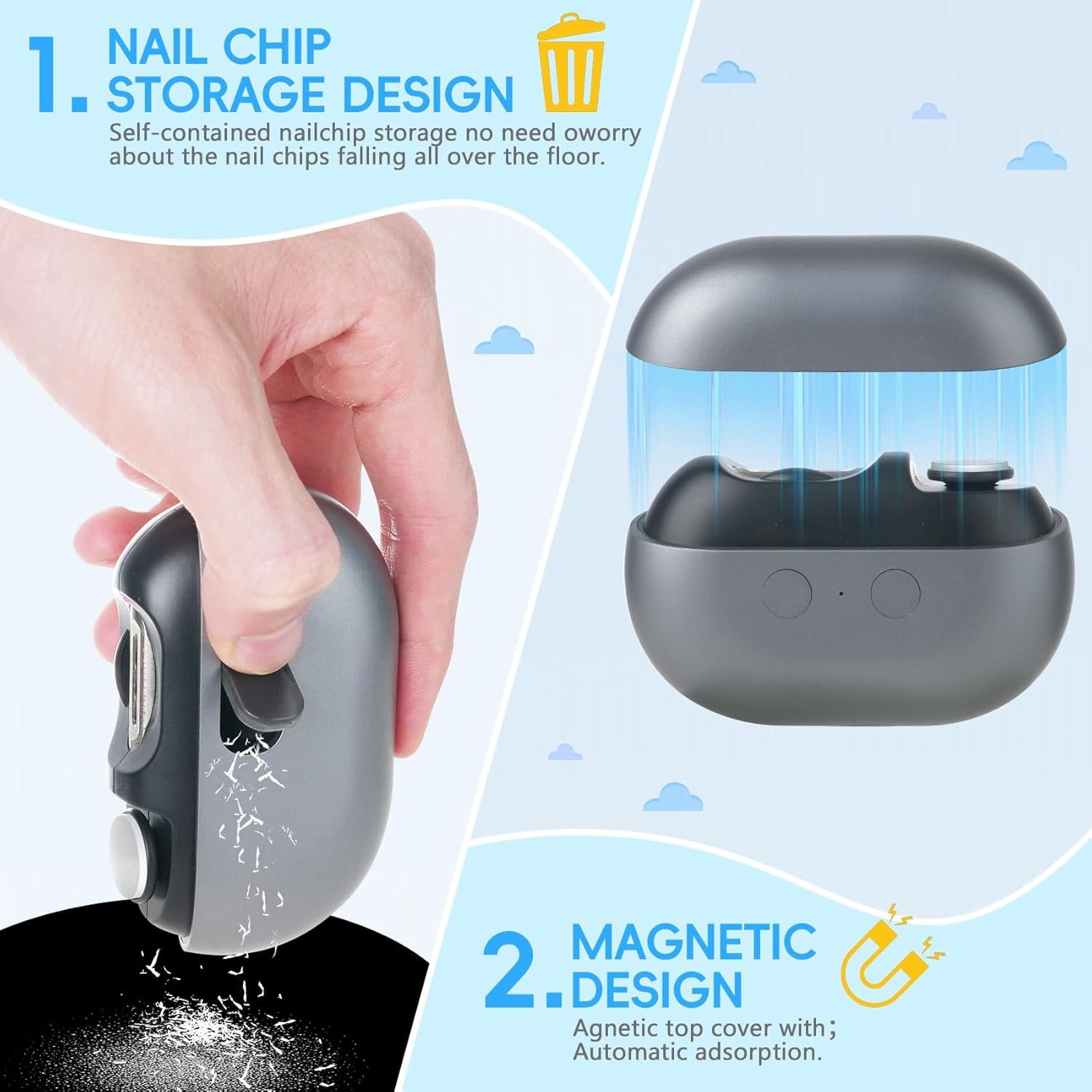 Aorsher 3 in 1 Electric Nail Clipper, 2 Speeds Automatic Nail Clipper with Clip Storage and LED Light, USB Rechargeable Electric Nail Clipper for Kids, Seniors and Adults