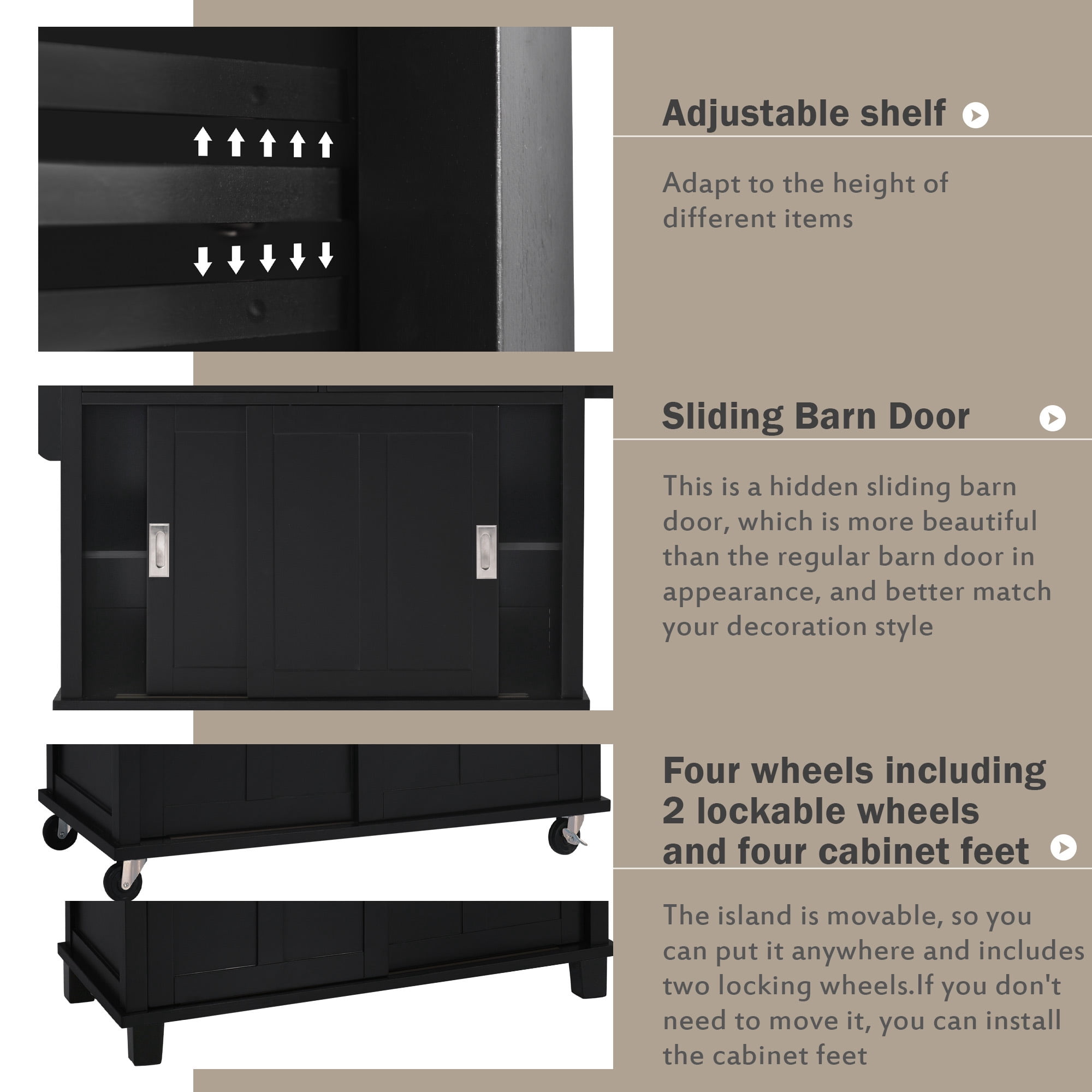 DEALTOPS 52.2 inch Kitchen Cart with Rubber Wood Drop-Leaf Countertop, Concealed Sliding Barn Door Adjustable Height, Kitchen Island on 4 Wheels with Storage Cabinet and 2 Drawers-Black