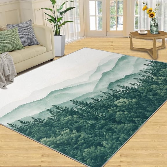 Misty Forest Area Rug, Nature Scenery Rugs for Bedroom, Watercolor Green Rugs for Living Room, Low Pile & Non Slip, Indoor Carpet, Washable Rug & Home Decor 2 x 3ft