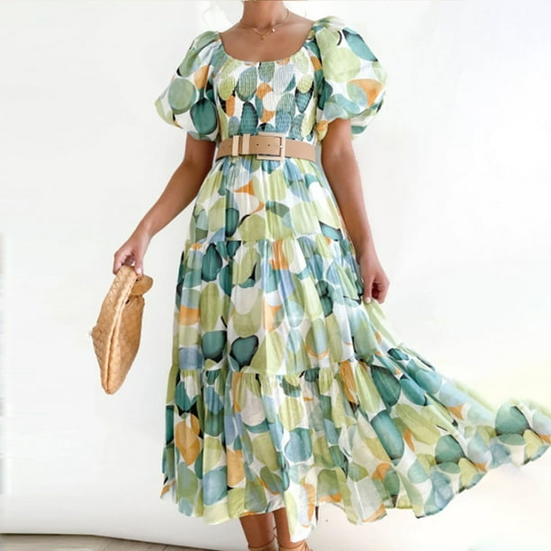 Fashion Puff Sleeve Pleated Beach Dress Sweet Fresh Summer Loose Women Long Dresses Sexy Hollow Off Shoulder Printed Bohe DressXL Gao Jinjia LED
