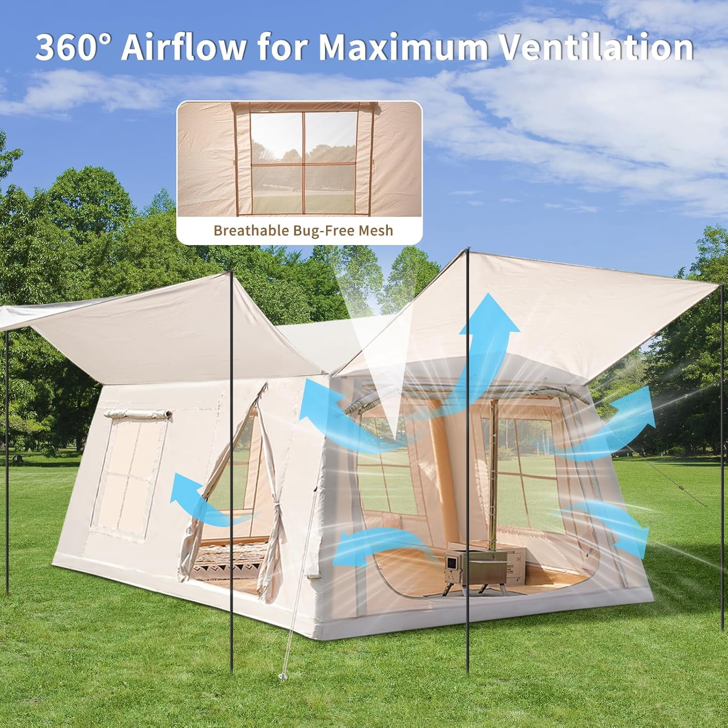 Zikebtuy 2/6/8 Person Inflatable Camping Tent, Easy Setup Blow Up Air Tent with Hand Pump, Waterproof 4-Season Glamping Tent with Large Mesh Windows & Oversized Canopy for Couples, Group & Family