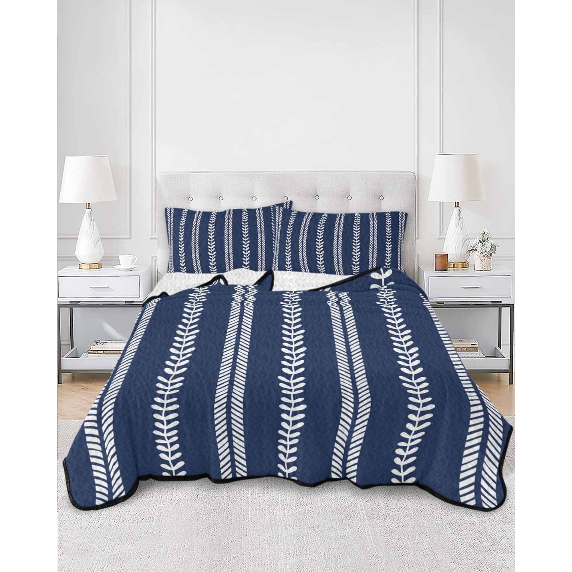 Quilts Queen Size Boho Leaves Soft Comforter Bedding Set for Bed Navy Blue Abstract Vintage Stripes Country Lightweight Quilted Bedspread with Pillow Cover(2 Pieces) for All Season 90x96 Inch