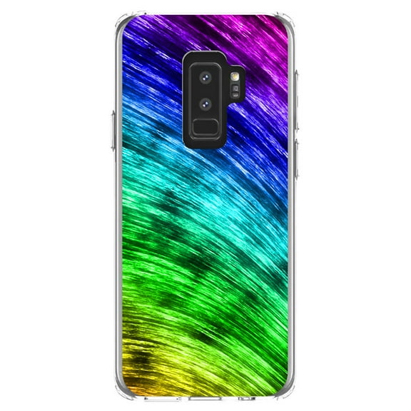 DistinctInk Clear Shockproof Hybrid Case for Samsung Galaxy S9  PLUS (6.2" Screen) - TPU Bumper, Acrylic Back, Tempered Glass Screen Protector - Rainbow Shimmering Curve