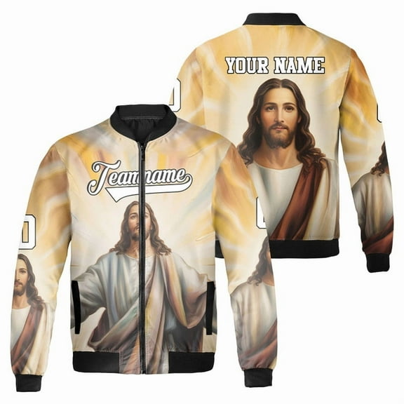 Personalized Jesus Christ Bomber Jacket – Glorious Religious Zip Up Coat with Radiant Light – Custom Name Faith-Based Outerwear for Men & Women – Christian Apparel Xmas Gift