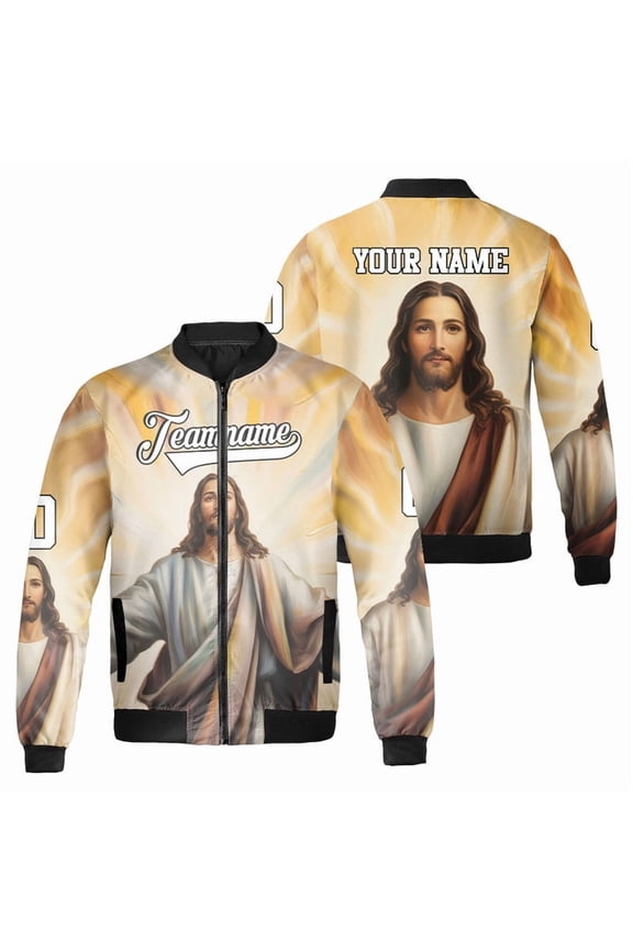 Personalized Jesus Christ Bomber Jacket Glorious Religious Zip Up Coat with Radiant Light Custom Name Faith-Based Outerwear for Men & Women Christian Apparel Xmas Gift