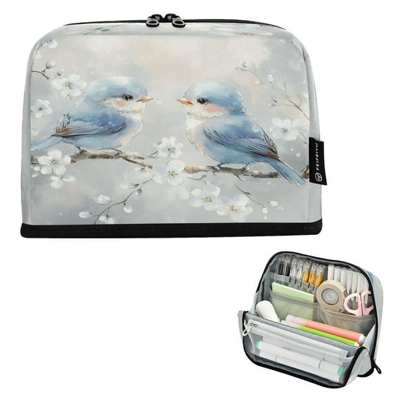 Standing Pencil Case with Base Large Capacity Stationery Pouch Pen Bag with Zipper for Women Men Cute Blue Birds