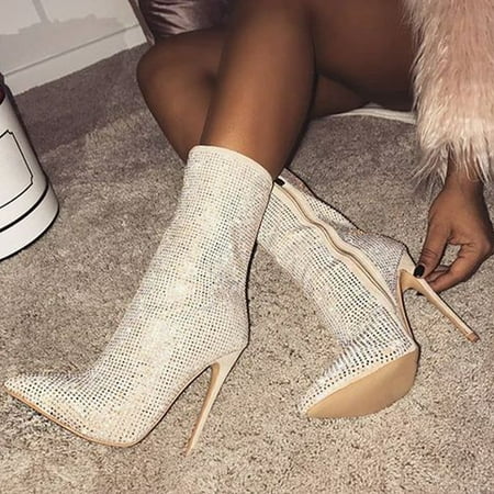 

Women s Nightclub Sexy Rhinestone High Heel Side Zipper Nude Boots Ankle Boots