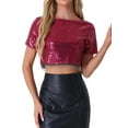 thumbnail image 1 of INSPIRAR CHIC Blusa de Mujer con Lentejuelas Brillantes de Manga Corta Cortada Cuello Redondo con Flecos para Fiesta de Cóctel Top Brillante XL Rosa Oscuro, 1 of 6
