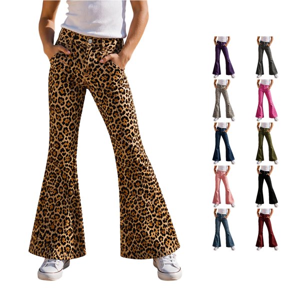 Vividxx Pants For Girls Leopard Print Wide Leg Flare Pants For Kids Casual Everyday Trousers With Pockets Comfortable Fit Elastic Waist Fashion 13-14 Years