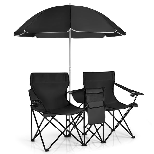 Costway Silla de Camping con Sombrilla Portátil y Plegable Doble Silla Taburete Tejido Oxford Mini Mesa Posavasos para Exterior Picnic Patio