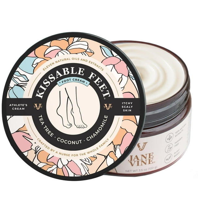 JANE VINE Crema para pies de atleta para pies besables - Crema para piel seca con picazón - Árbol de té, coco y manzanilla - Elaborada para toda la familia Sin picadura - 3.5 oz