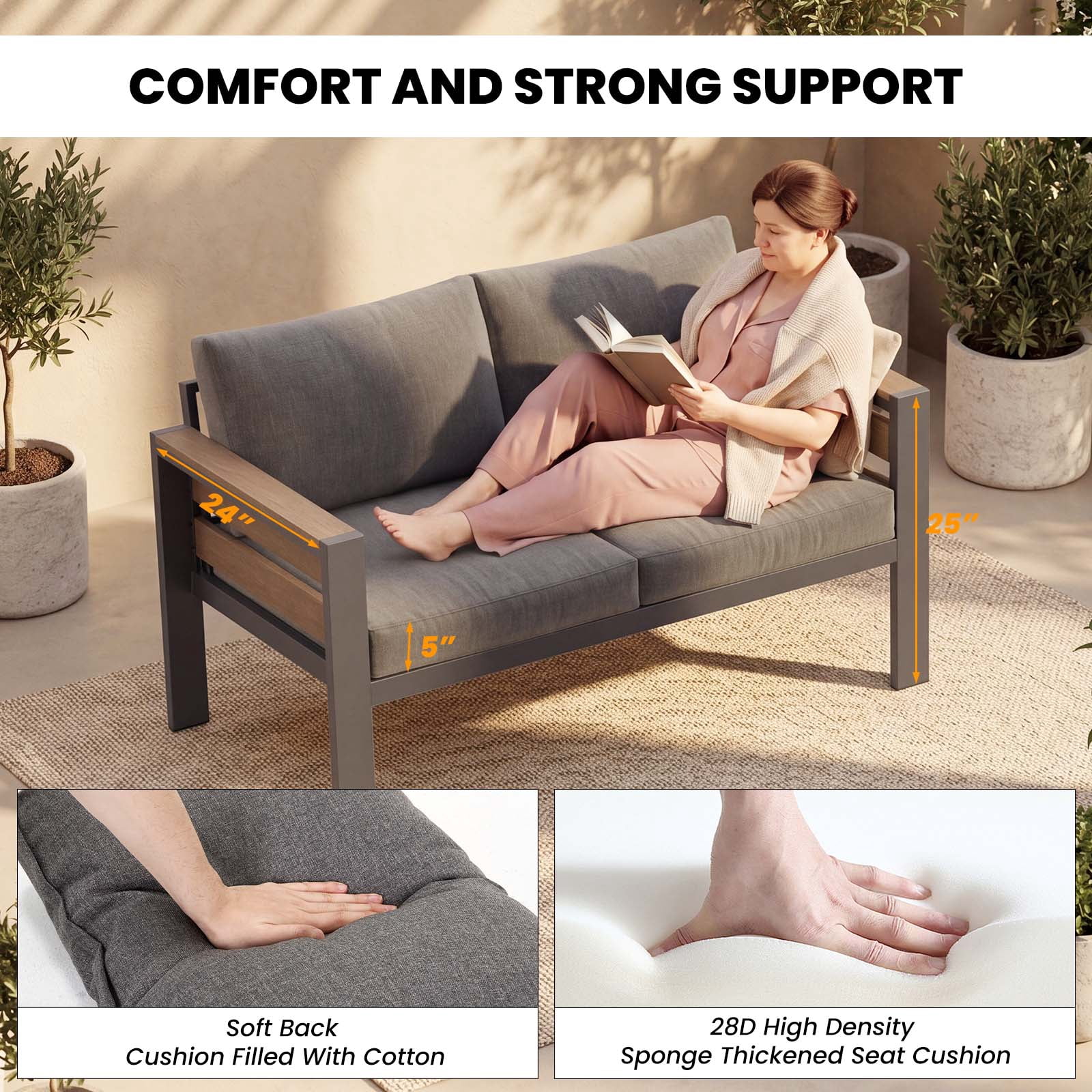 ABORON Patio Furniture Set, Patio Conversation Sets Sectional Sofa with 27" Deep Seating, 2-Seater Outdoor Patio Furniture Set w/ Coffee Table and All-Weather Thick Cushion, Easy Assembly