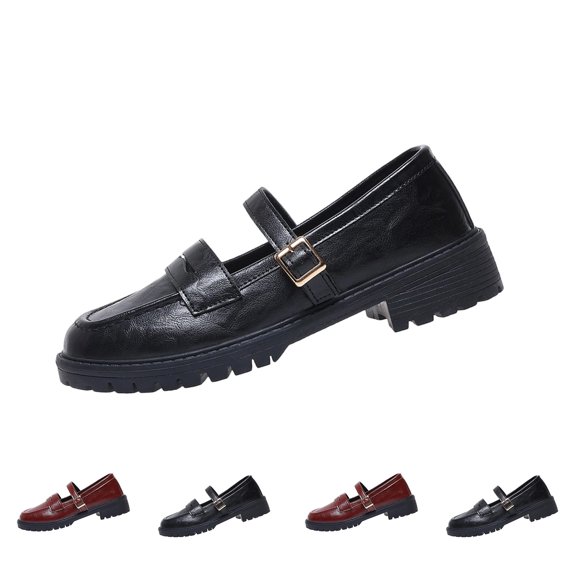 Purcolt Women's PU Leather Loafers Dressy Casual Round Toe Block Heel Mary Jane Shoes Comfortable Anti Slip Dress Shoes with Strap for Work Walking Driving