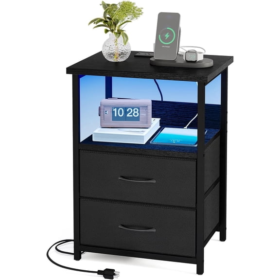 Night Stand with Charging Station, LED Nightstand with U-S-B Ports and Outlets, 2 Fabric Storage Drawers with PU Finish, Small Bedside Table, Black