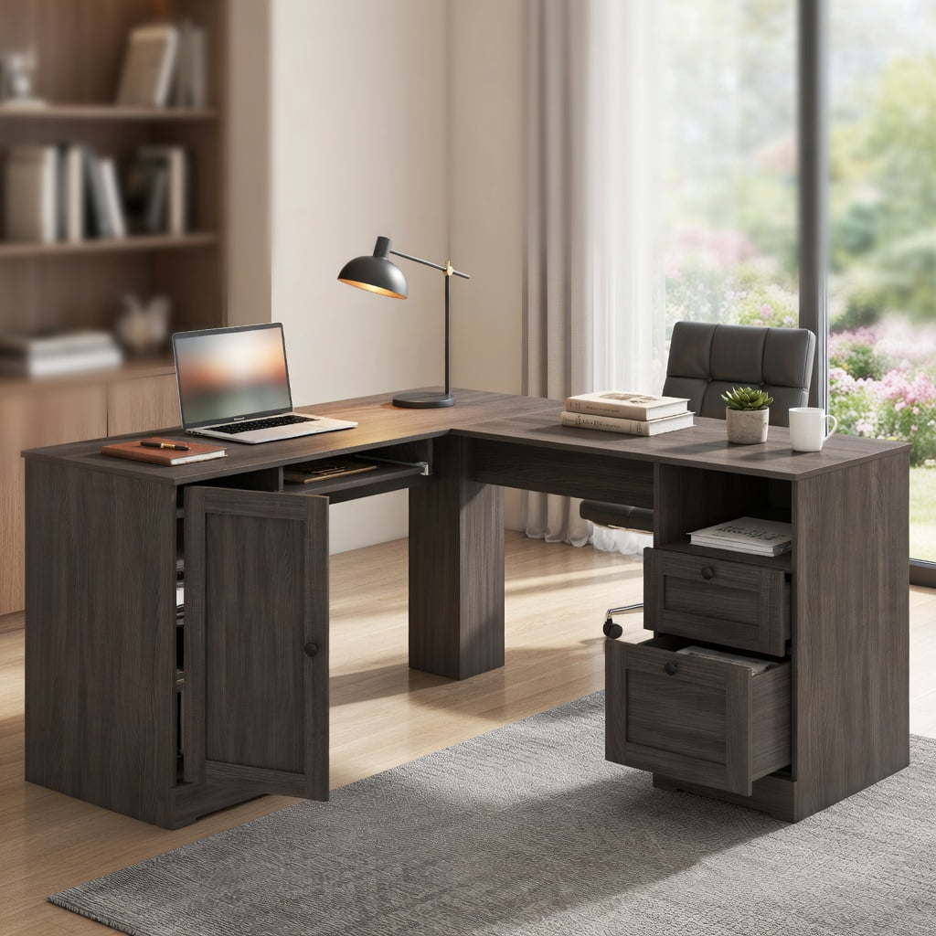 Spaco 66 Inch L-Shape Writing Desk with Power Station Pull Out Keyboard Tray Storage Drawers Adjustable Shelf Cable Organizer Dark Gray Home Office Desk, Dark Gray