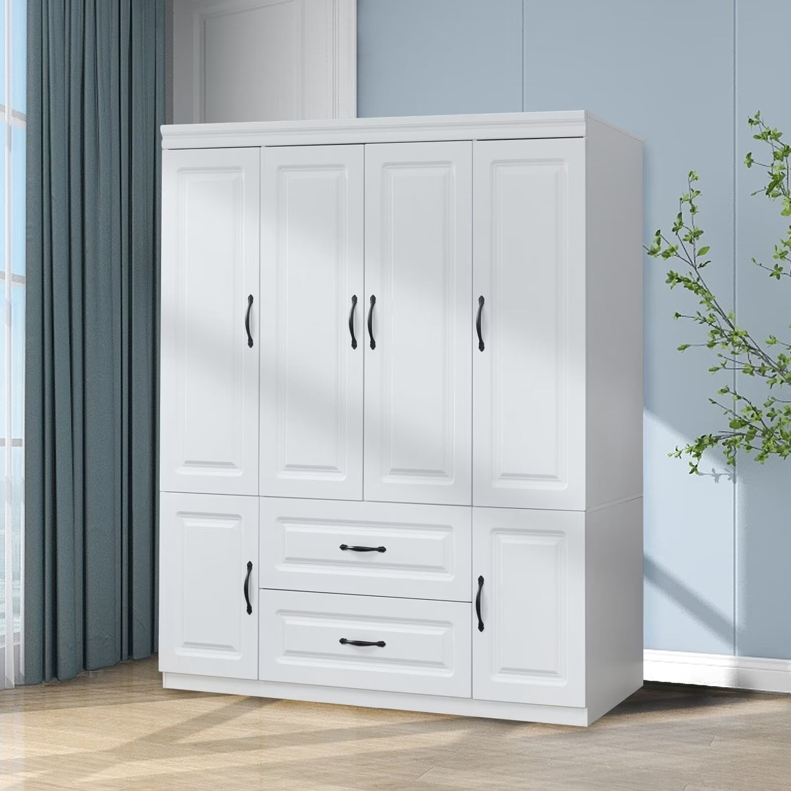 ModMakers 4 Door Wardrobe Armoire Closet, Modern Wood Wardrobe Storage Cabinet with Hanging Rods & Drawers, White