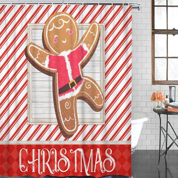 Christmas Shower Curtain Gingerbread Man Shower Curtains for Bathroom Decor Red Stripes Wood Grain for Christmas Decoration Bath Curtains Sets with Hooks Waterproof 36" W x 72" L
