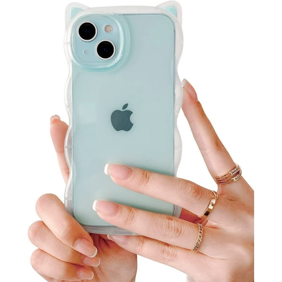 Compatible with iPhone 13 Case, with Clear Cute 3D Cartoon Cat Ears Design Case for Girls Woman Soft Slim TPU Drop Bumper Case for iPhone 13-(Mint)