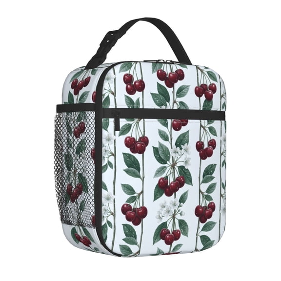 Cherries Lunch Bag Insulated Reusable Cooler Tote Portable Meal Prep Bag Side Mesh Pocket Work Office Picnic