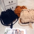 thumbnail image 4 of Flmtop Women Solid Color Fringe Tassels Drawstring Crossbody Shoulder Suede Bucket Bag, 4 of 10