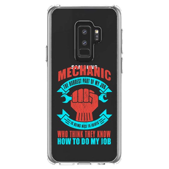 DistinctInk Clear Shockproof Hybrid Case for Samsung Galaxy S9  PLUS (6.2" Screen) - TPU Bumper Acrylic Back Tempered Glass Screen Protector - Mechanic Being Nice to Idiots