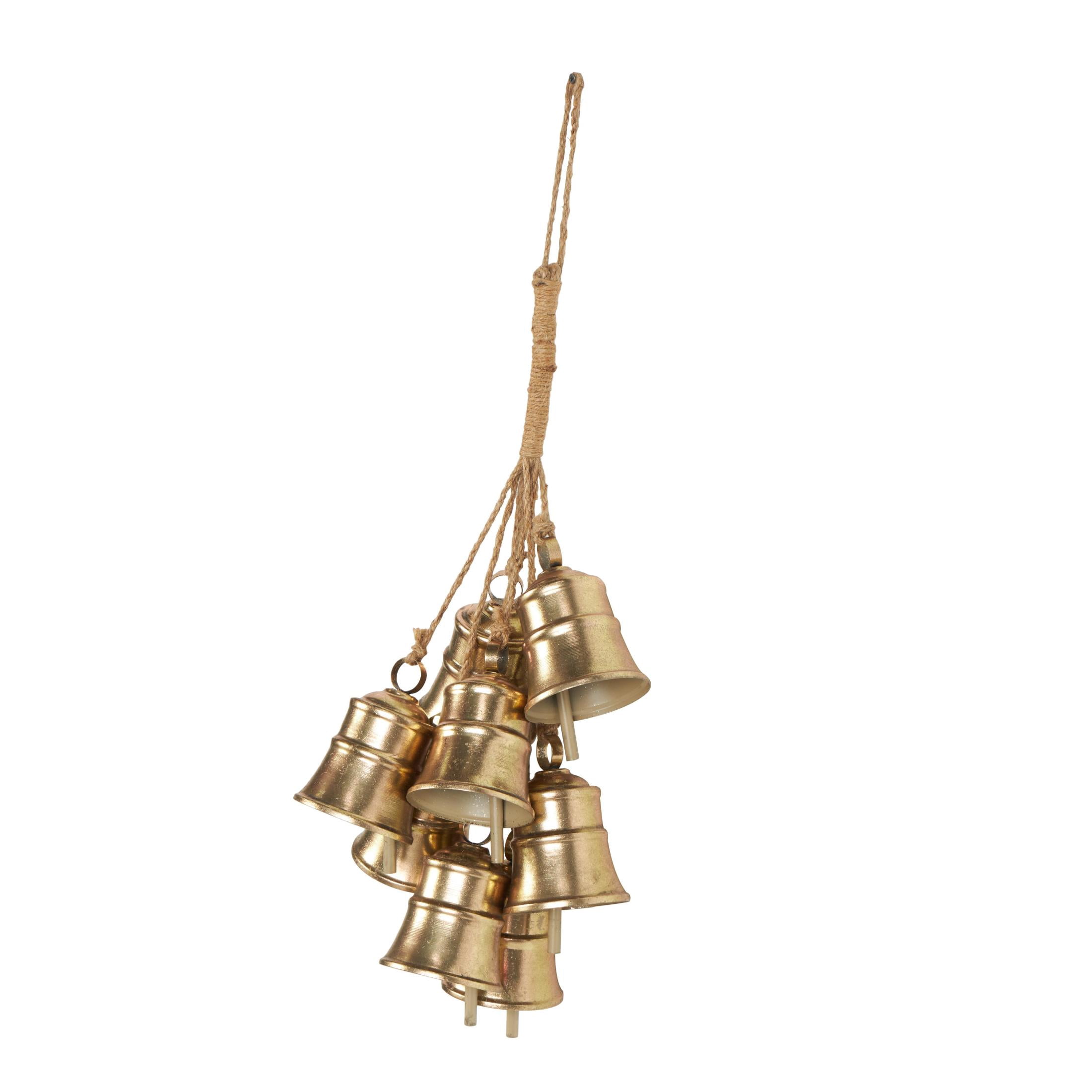 DecMode Tibetan Inspired Cascading Cluster Gold Metal Cluster Decorative Bells with 8 Bells on Jute Hanging Rope