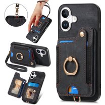 ShellTech for iPhone 16 Plus Retro PU Leather Wallet Case with Card Holder Ring Stand RFID Function Credit Card Slot with Ring Stand Protective Cover Wrist Strap,Black