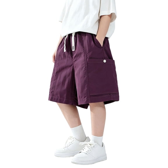 Boys Button Side‑Cargo Pocket Waist Shorts, Lightweight Loose Wide‑Leg Knee‑Length Casual Shorts for Big Kids