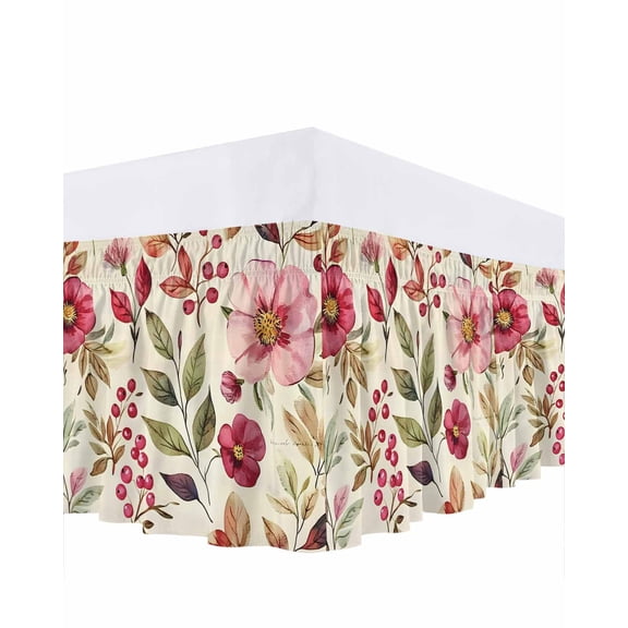 Watercolor Flowers Bed Skirt King Size 18" Drop Vintage Pink Flowers Leaves Ruffled Wrap Around Bed Skirts Adjustable Elastic Bedskirt Dust Ruffle for King Size Bed