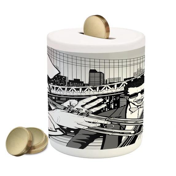 Music Piggy Bank, Illustration of Jazz Band Playing the Blues in New York in Moonlight Retro Design, Ceramic Coin Bank Money Box for Cash Saving, 3.6" X 3.2", Black White, by Ambesonne