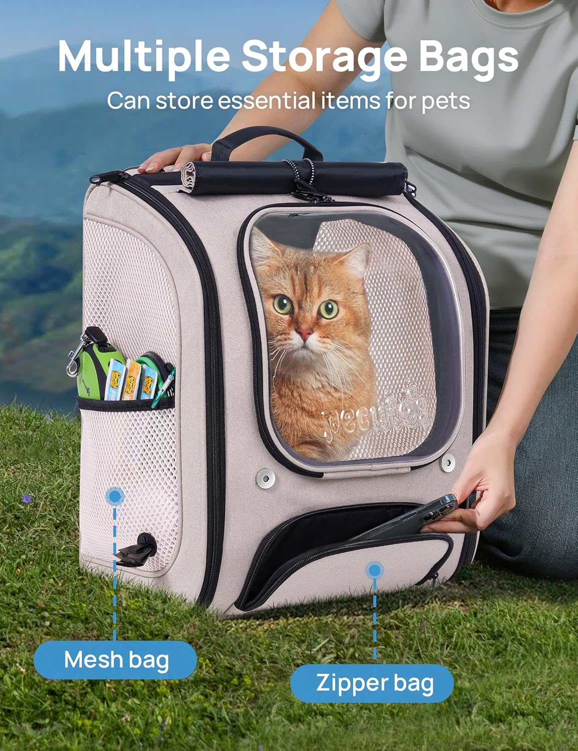 Cat Backpack Carrier, Large Space Cat Bubble Backpack, Breathable Cat Carrier, Shaded Dog Backpack Carrier, Ergonomic 3D Design for Travel, Hiking, Walk, Suitable for Shopping, Car, Vet, Gray