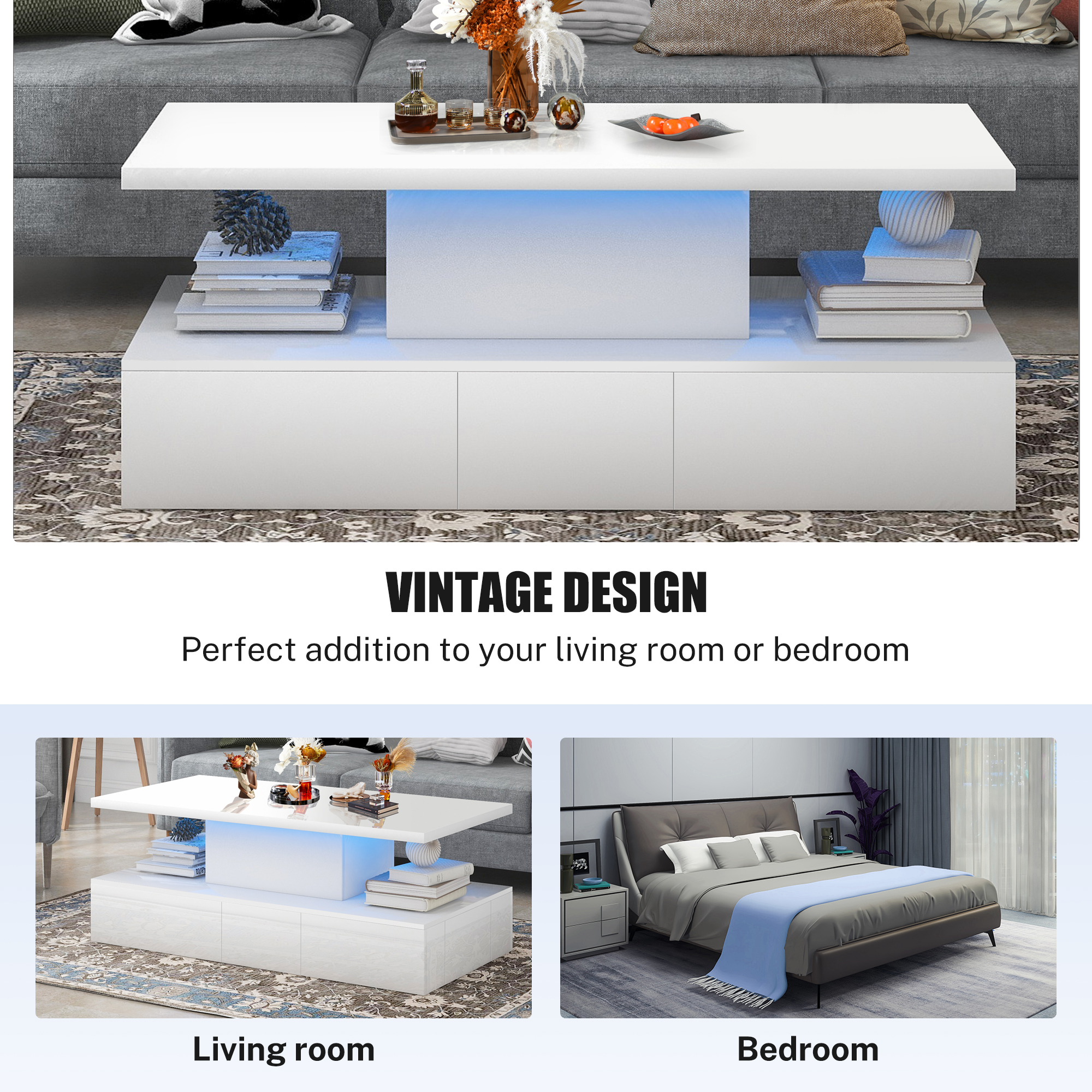 White LED Coffee Table for Living Room, PAPROOS Modern High Glossy Center Table with 4 Drawers, Smart Cocktail Table Rectangle, Sofa Side Tea Tables with LED Lights, 41"L×25"W×16"H