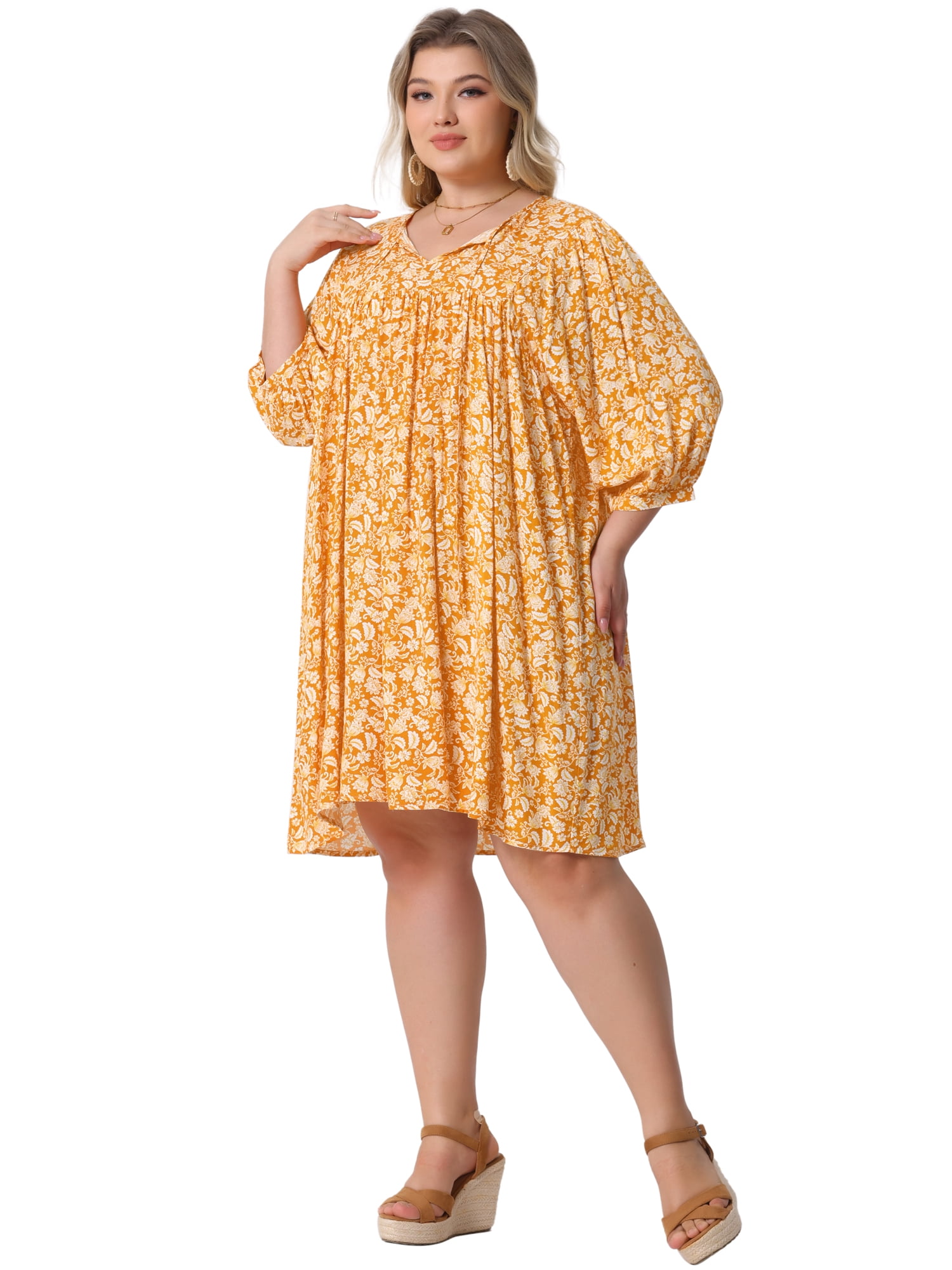 DARING DIVA Women's Plus Size Drawstring V Neck Babydoll Midi Flowy Dress 2X Orange