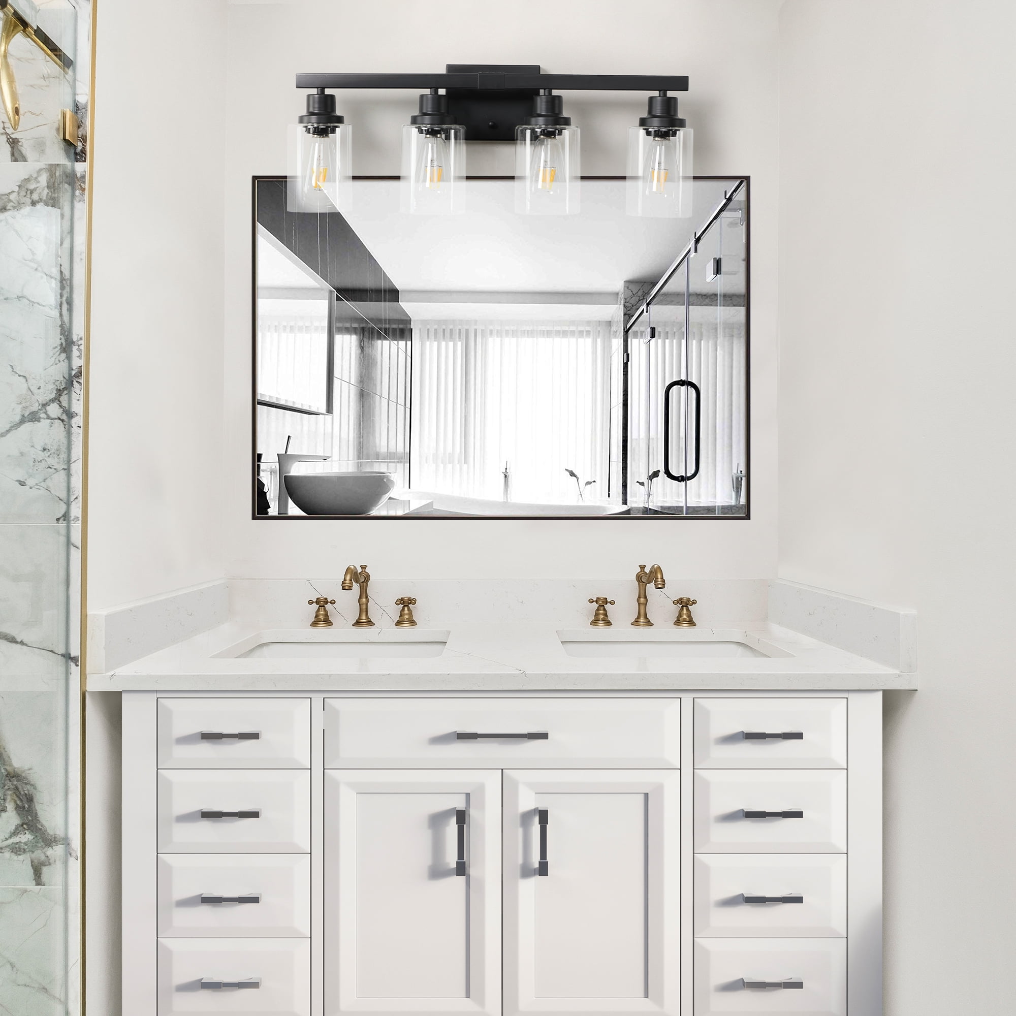 Miniyam 24 in. W 4 Light Bathroom Vanity Light Fixture Black Wall Sconce with Clear Glass Shades for Hallway Bedroom, E26, No Bulbs Included
