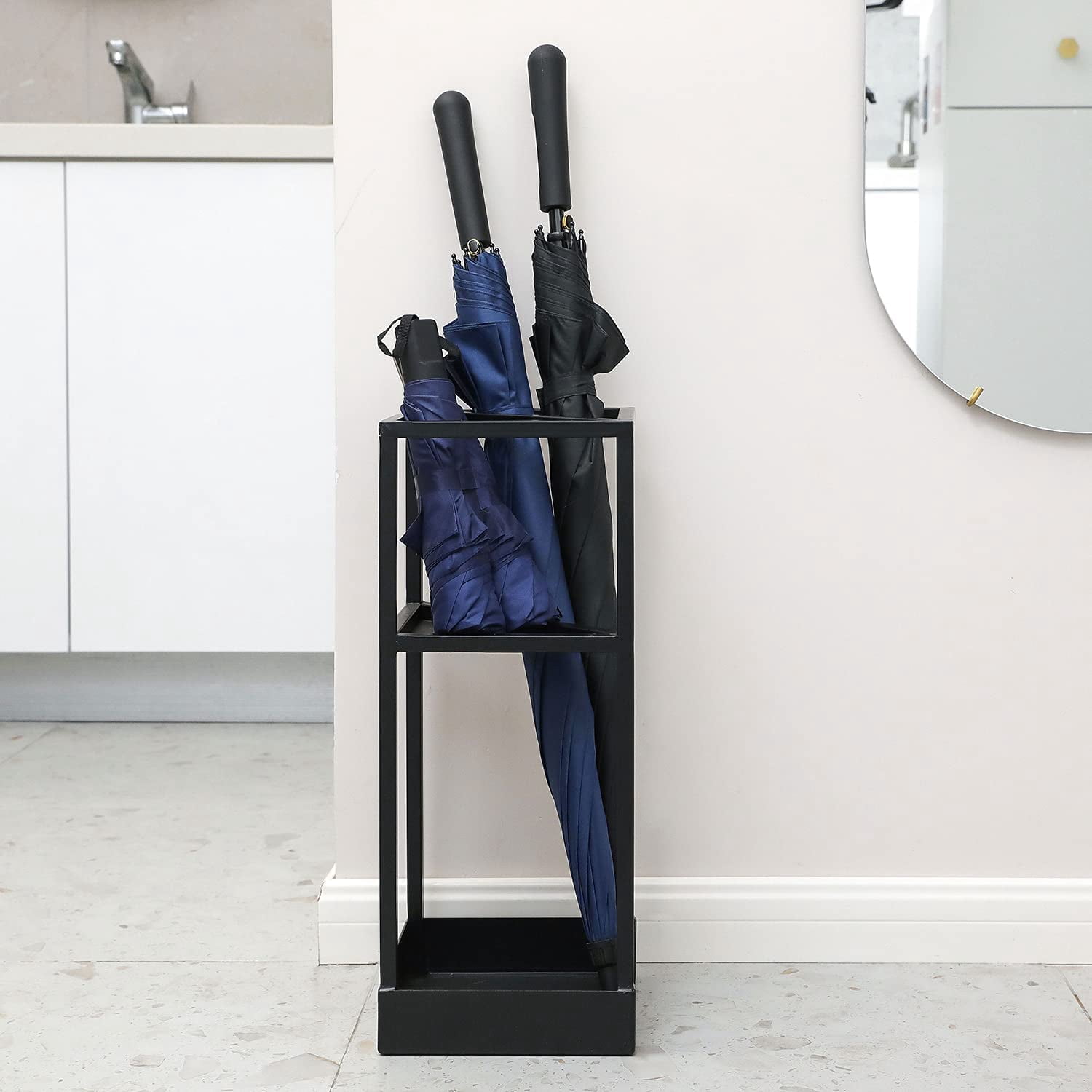 Umbrella Stand,Umbrella Holder for Entryway,20 Inch Tall Modern Metal Geometric Freestanding Umbrella Rack or Cane Holder with Shelf for Small Umbrellas and Bottom Drip Tray (Black)