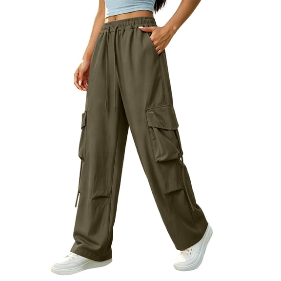 Women's Summer Casual Fashion Solid Color Quick Drying Work High Waist Straight Tube Wide Leg Multi Pocket Pants