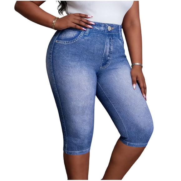 Nfurl Denim Look Pants for Women Slim Fit Straight Leg Capris with Pockets Casual Elastic Waist Cropped Pants Ladies Summer Capri Light Blue,XL