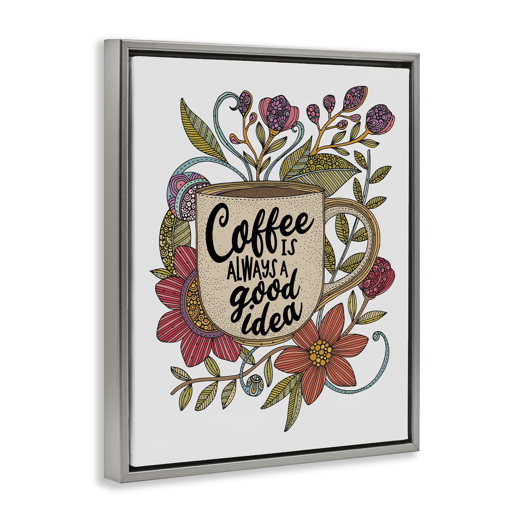 Stupell Industries Floral Coffee Good Idea Food & Beverage Painting Gray Floater Framed Art Print Wall Art, 17 x 21